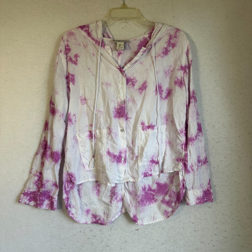 RACHEL ZOE Women S Linen Button Up Hoodie Top roll tab White & Purple Tye Dye